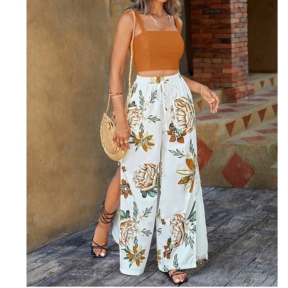 Boho Floral Tropical Print Split Wide Leg Pants Cropped Top Set - Picture 2 of 6